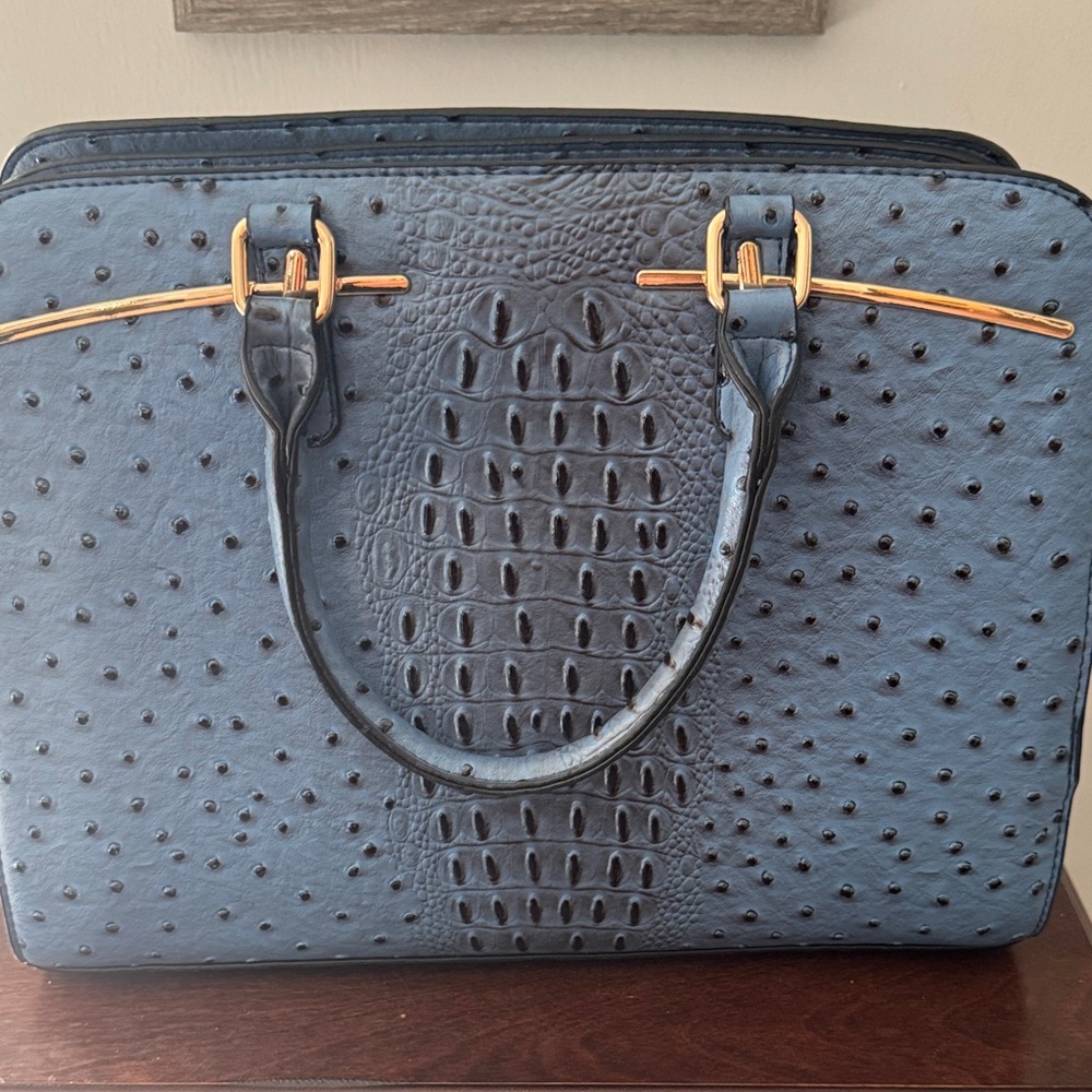Blue Textured Faux-Ostrich Satchel with Gold Accent